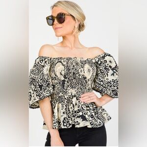 Umgee Black and Cream Smocked Shirt